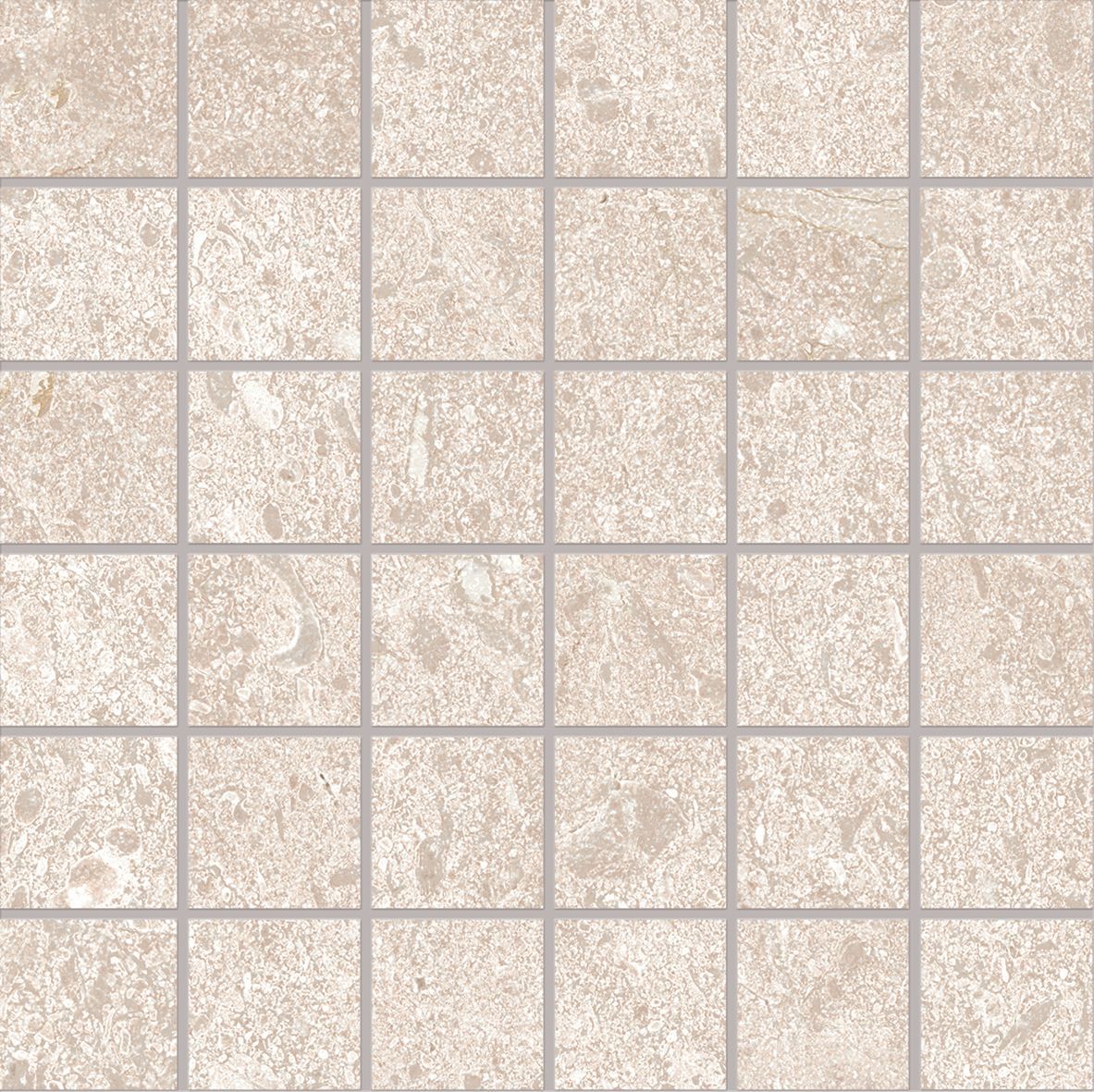 Beige vierkante tegelmozaïek met lichtgrijze voegen.