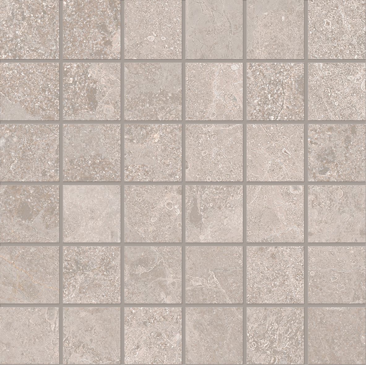 Grijze vierkante mozaïektegel met een ruw, gestructureerd oppervlak.