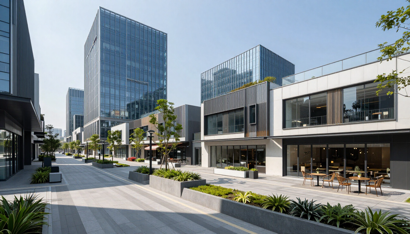 Modern commercial building complex showcasing various architectural styles built on a budget.