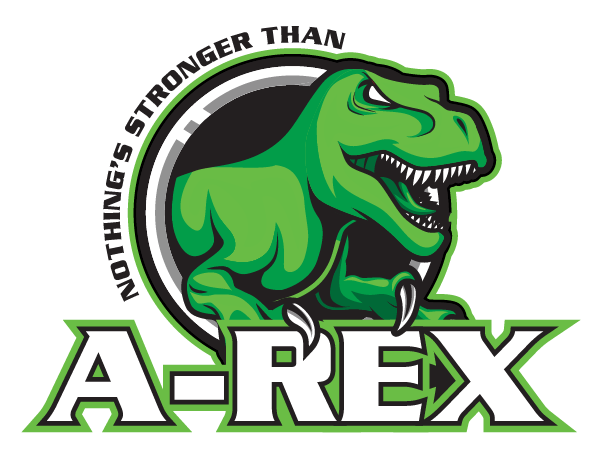 A logo for a-rex with a green dinosaur
