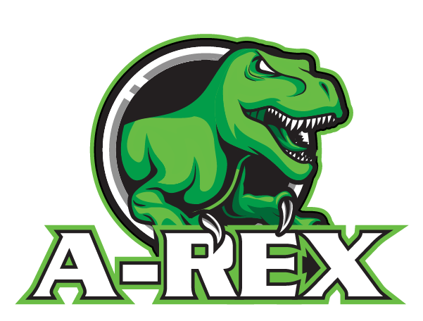 A logo for a-rex with a green dinosaur