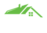 A green house with two roofs and a window on a white background.