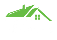 A green house with two roofs and a window on a white background.
