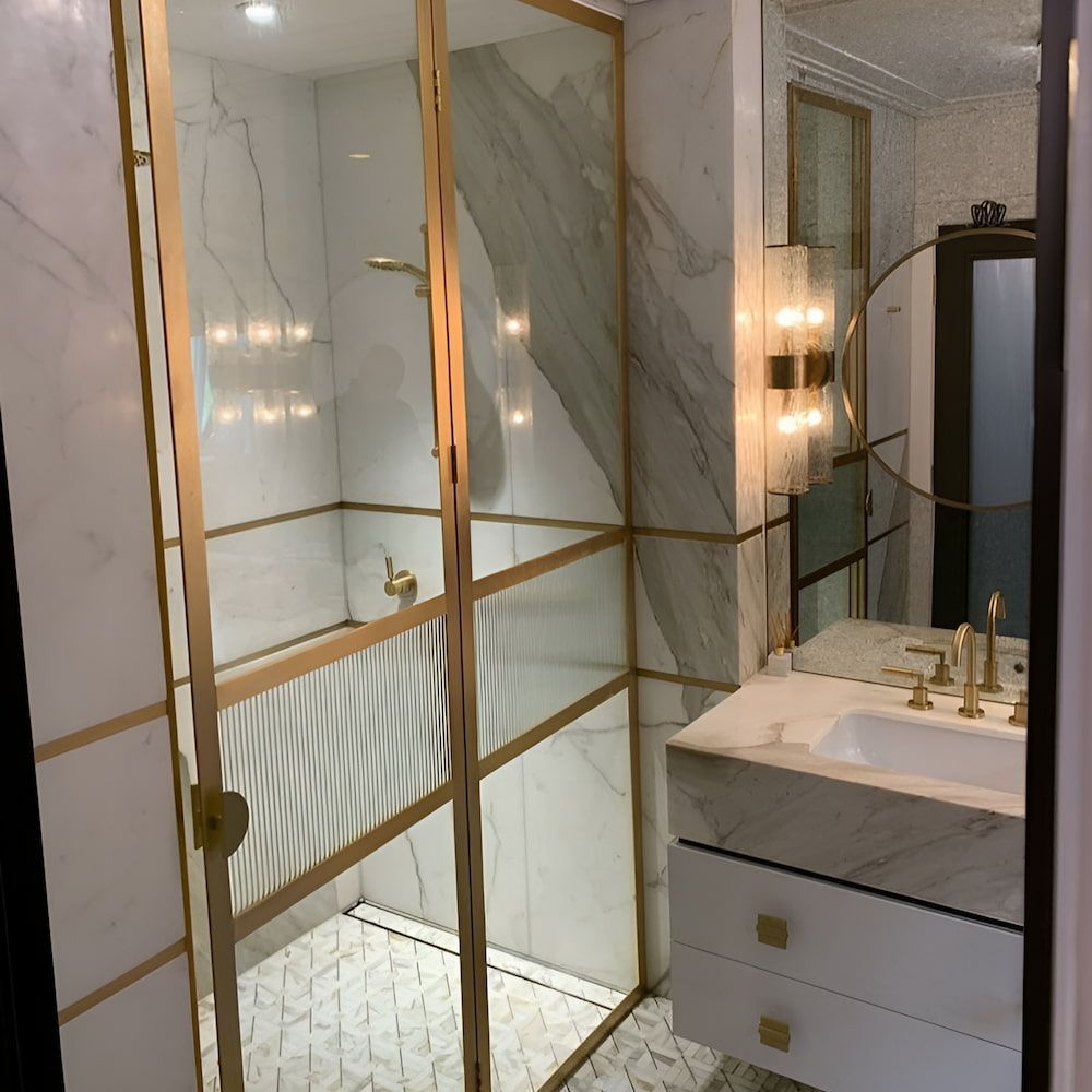 A Bathroom With a Sink and a Walk in Shower — All Glass Balustrading Systems in Wetherill Park, NSW