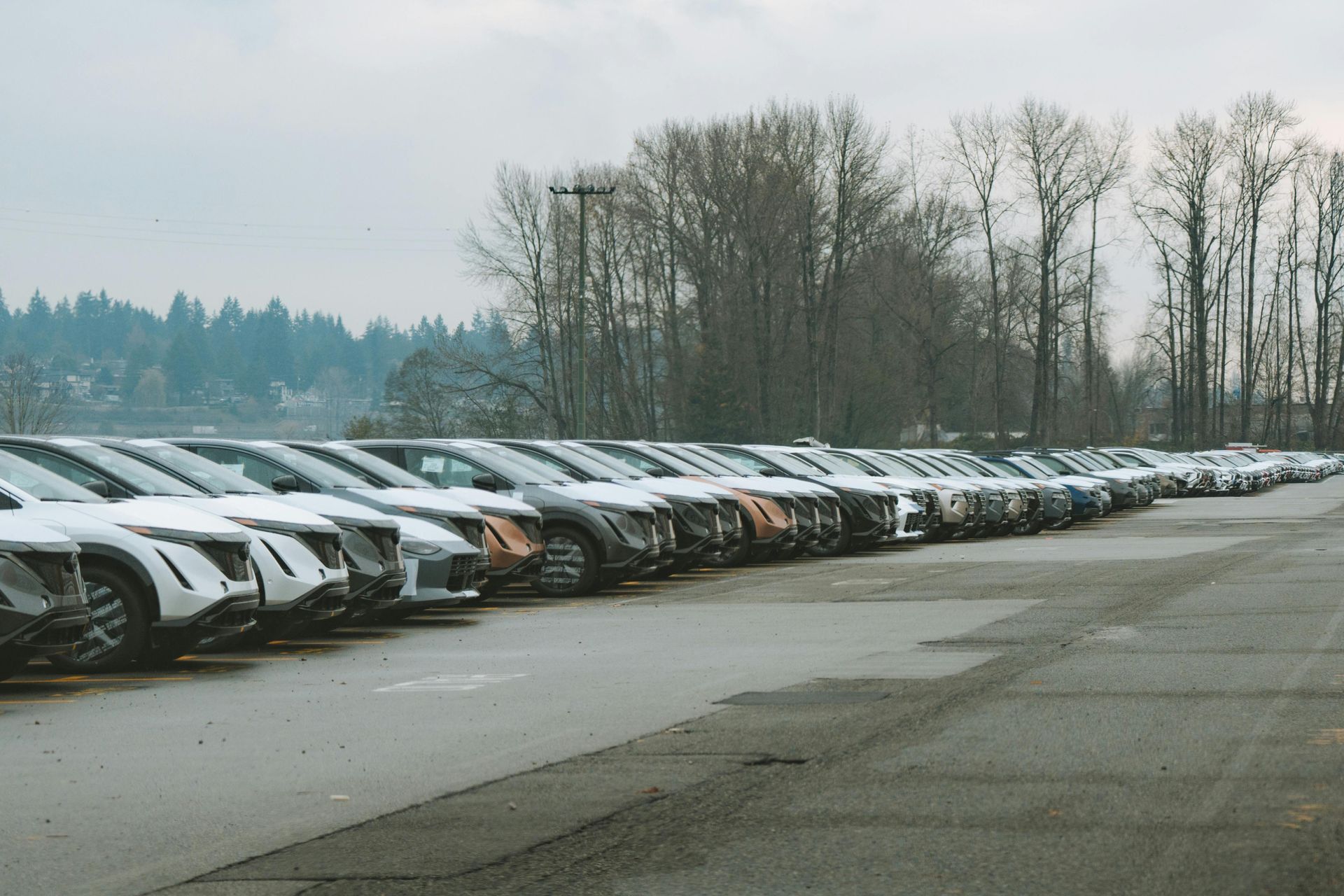 A long row of new, identical SUVs parked in an open paved lot under a cloudy sky.