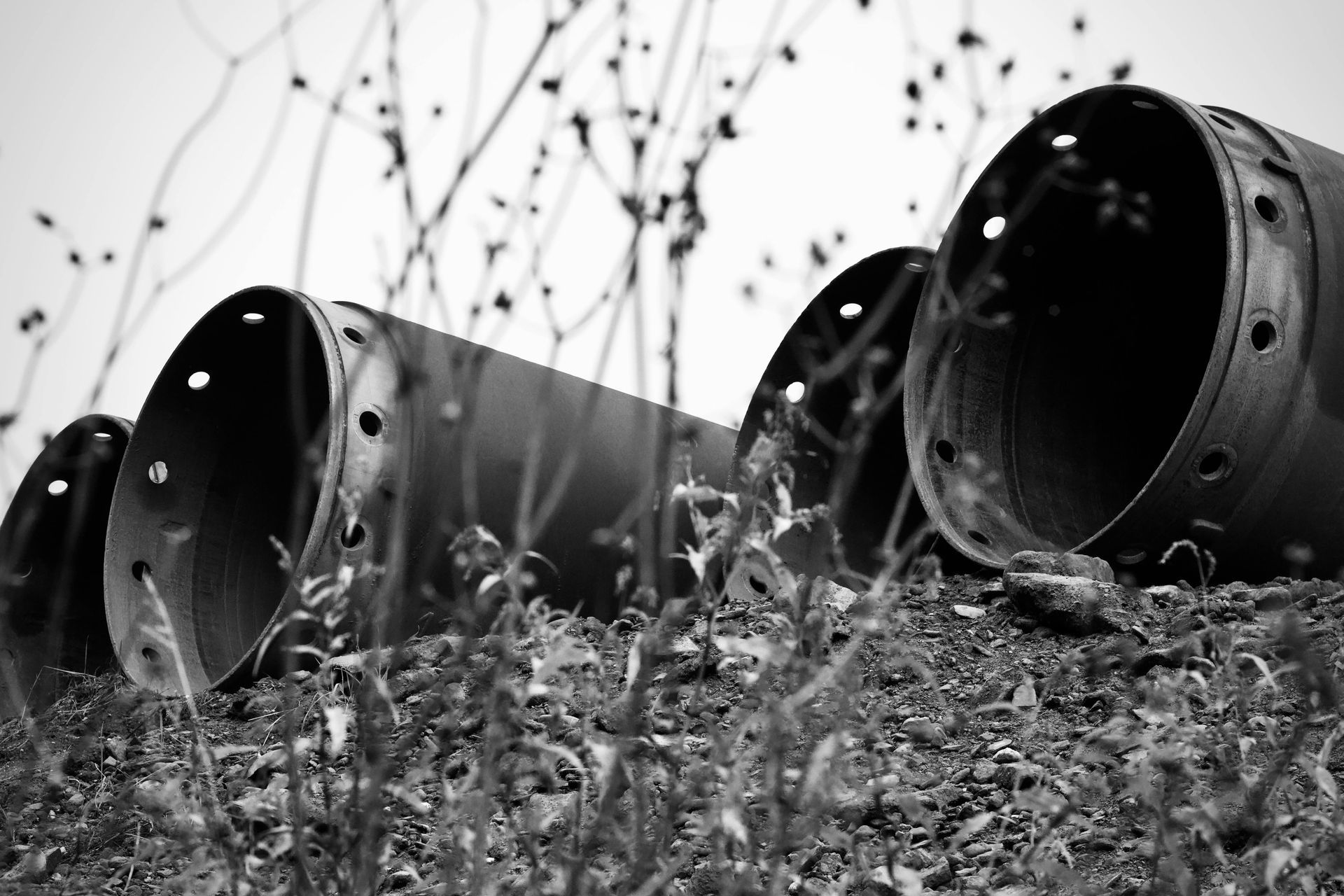 Two rusted, cylindrical metal pipes lie on a dirt mound, partially obscured by dry weeds in a black-and-white photo.