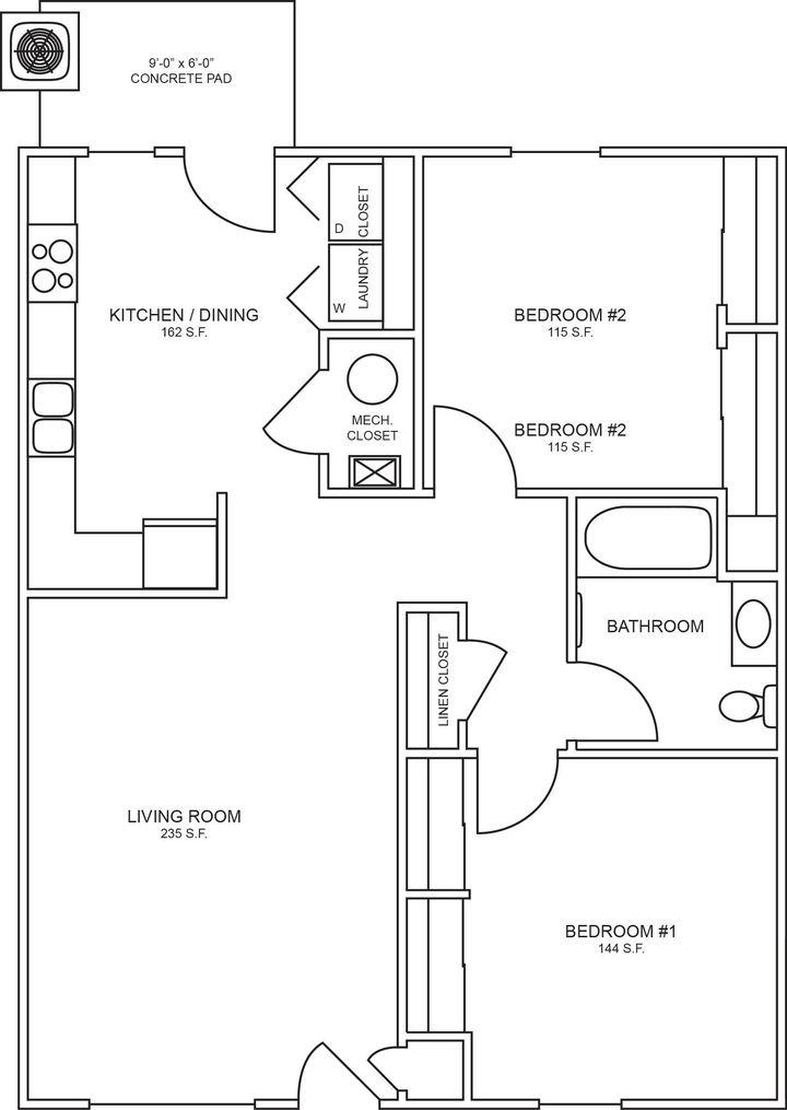 Floor Plan: 2 Bed · 1 Bath Flat