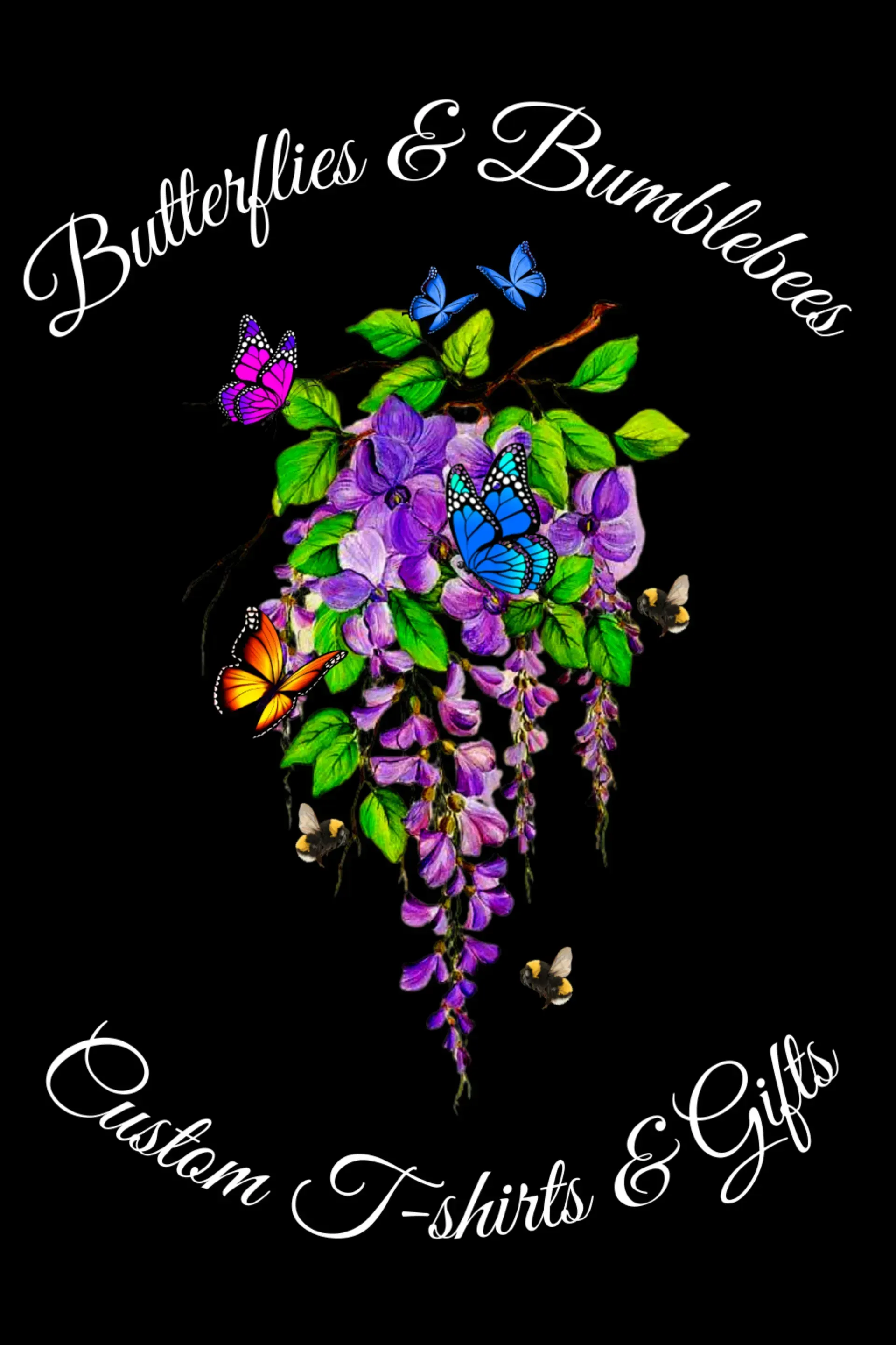 Butterflies and hummingbirds around purple flowers with &ldquo;Custom T-Shirts & Gifts&rdquo; text on black background