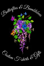 Butterflies and flowers around a purple bouquet, with “Butterflies & Bumblebees” and “Custom T-Shirts & Gifts” text