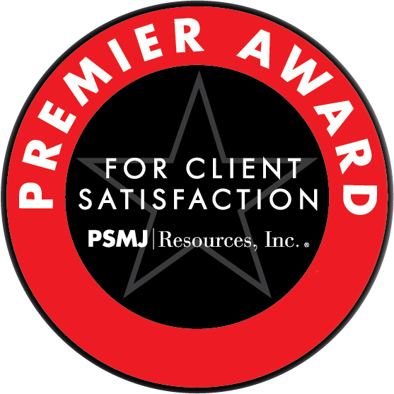 PSMJ Icon with Premier award for client satisfaction - red circle