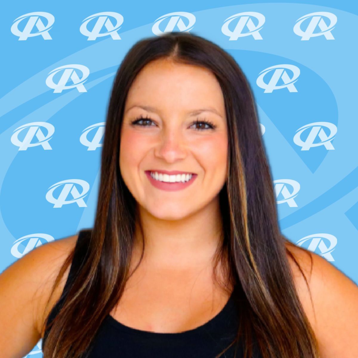 A woman in a black tank top is smiling in front of a blue background with the letter r on it