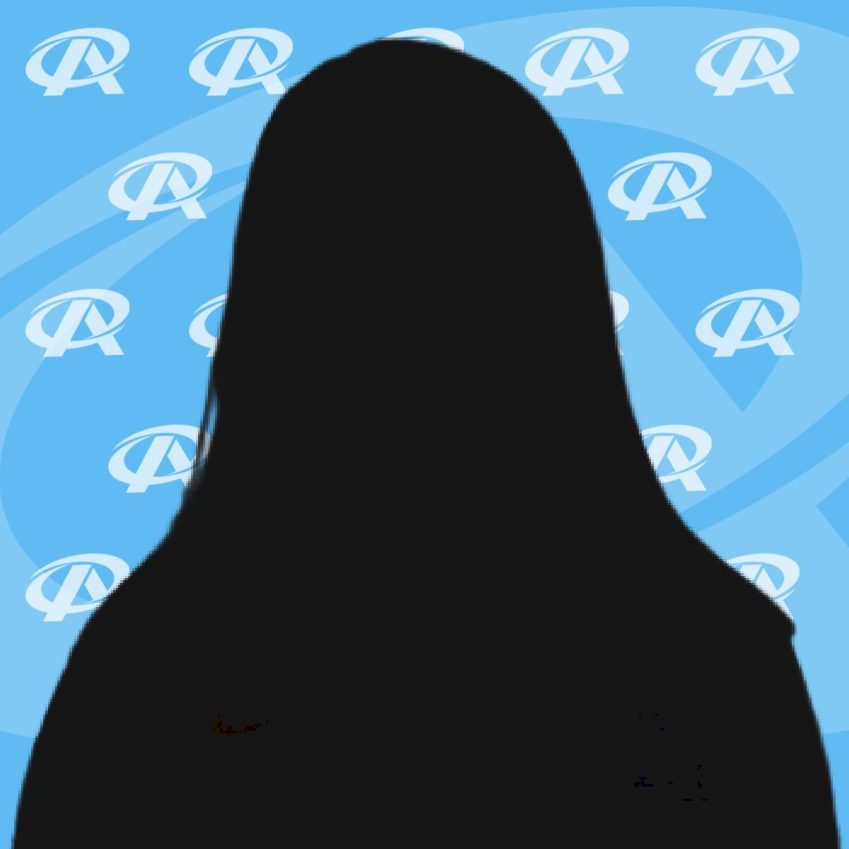 A silhouette of a woman against a blue background with the letter r on it