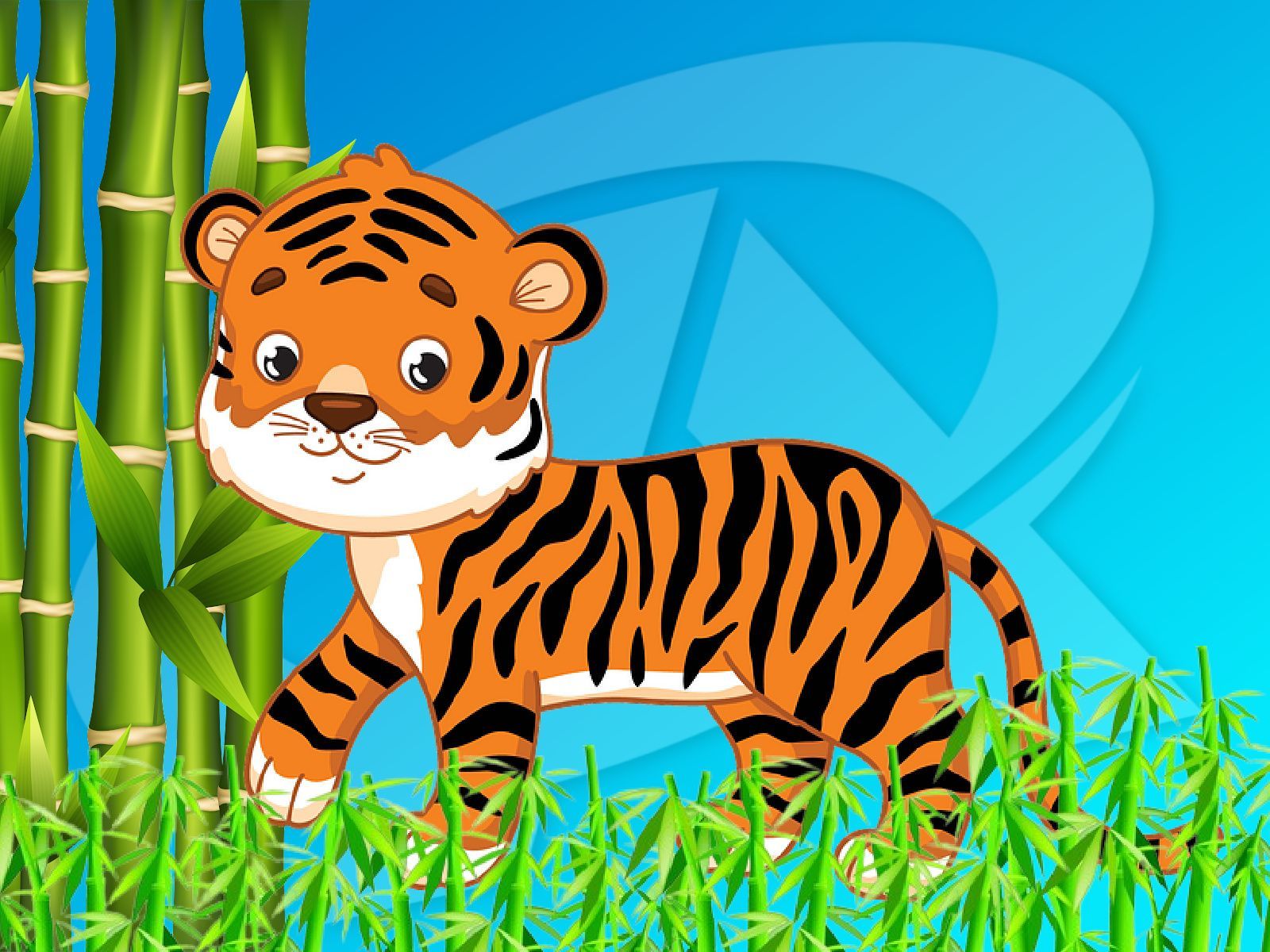 A cartoon tiger is standing in a field of bamboo.