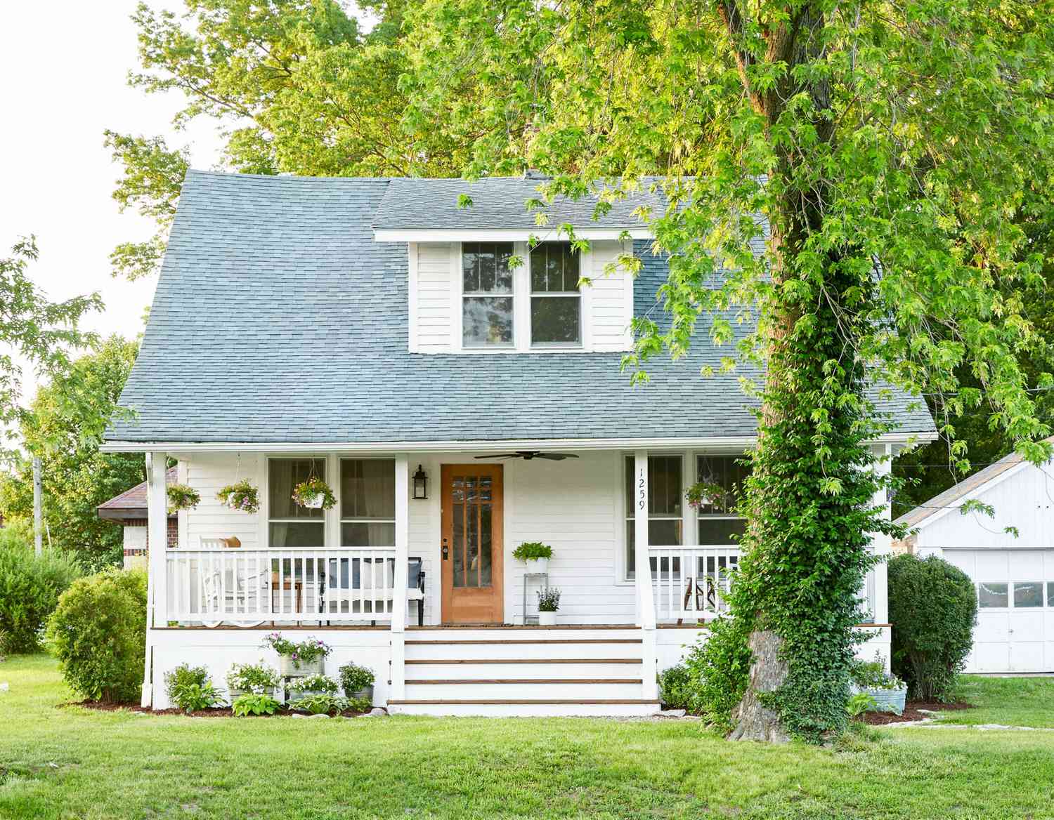 Exterior of a charming house with a spacious attic, surrounded by a well-maintained lawn and lush trees.