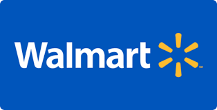 Walmart logo, white text on blue background, yellow starburst.