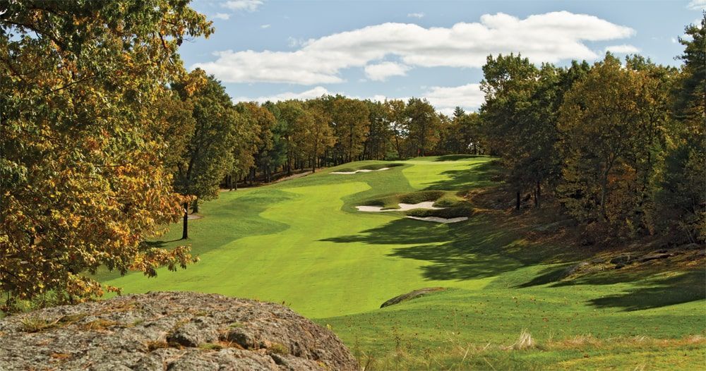 A golf course with trees on the side of it