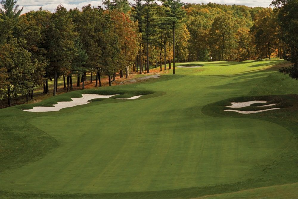 A golf course with trees on the side of it