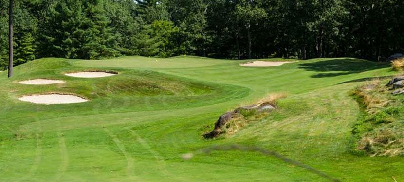 A golf course with a lot of grass and trees in the background.