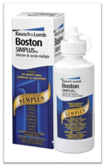 Una botella de Bausch & Lomb Boston Simplus junto a su caja