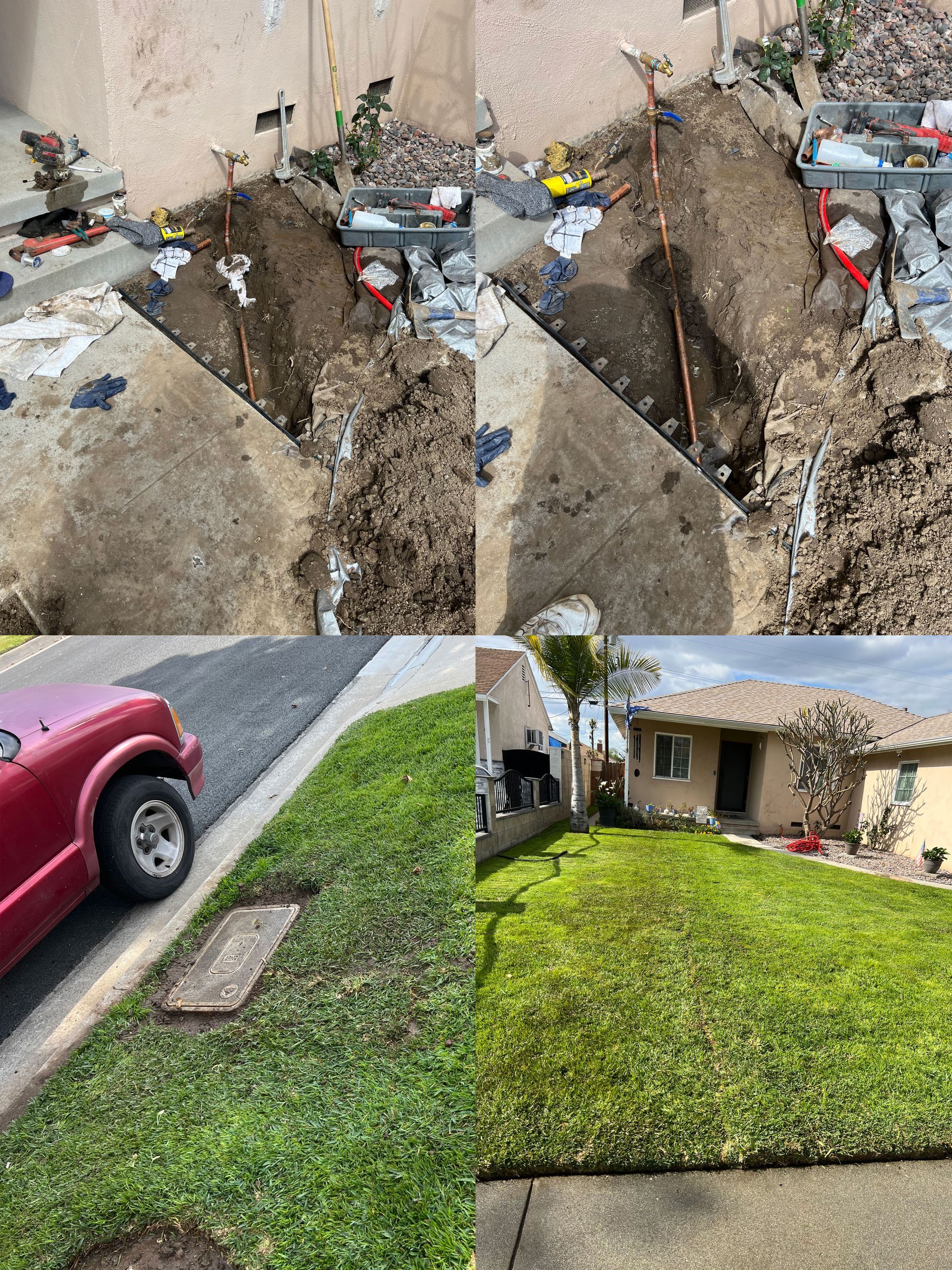 A Red Truck is Parked on the Side of the Road Next to a House