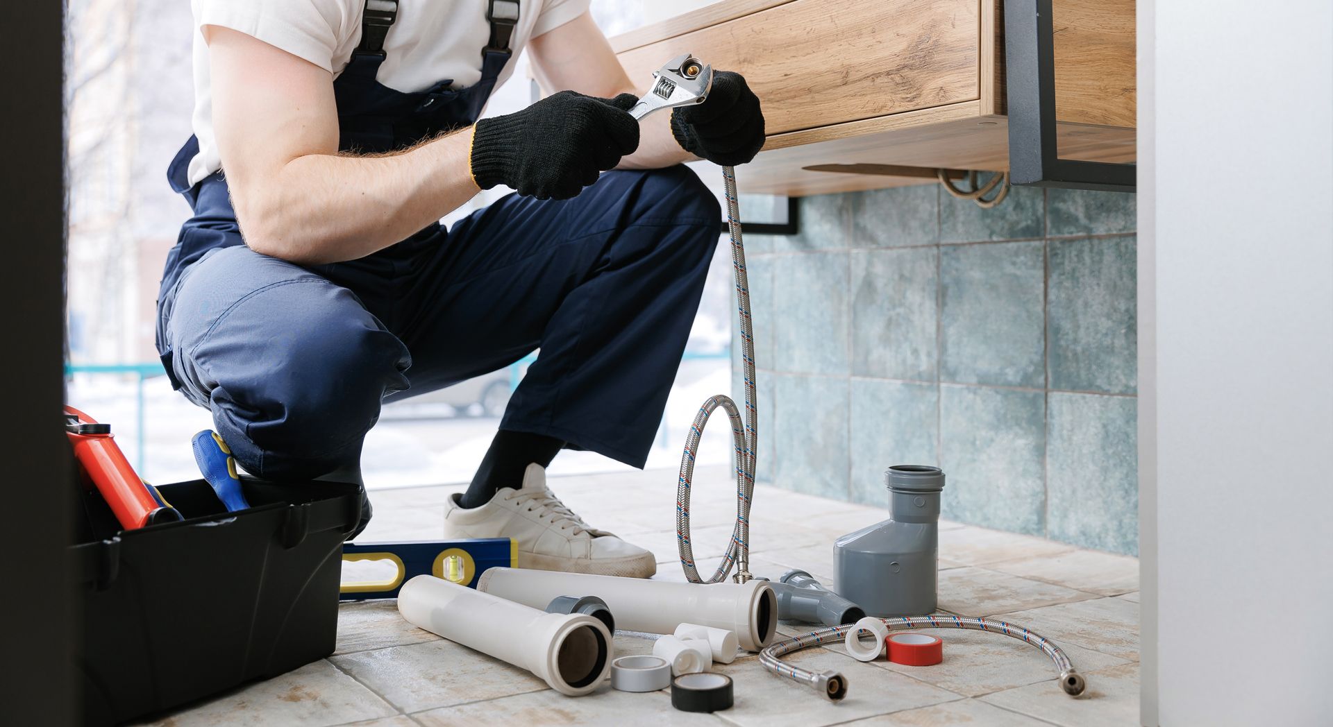 A plumber in blue overalls kneels to work under a cabinet