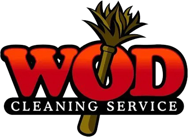 Red "WOD" logo with black outline and cleaning brush. "CLEANING SERVICE" text below.