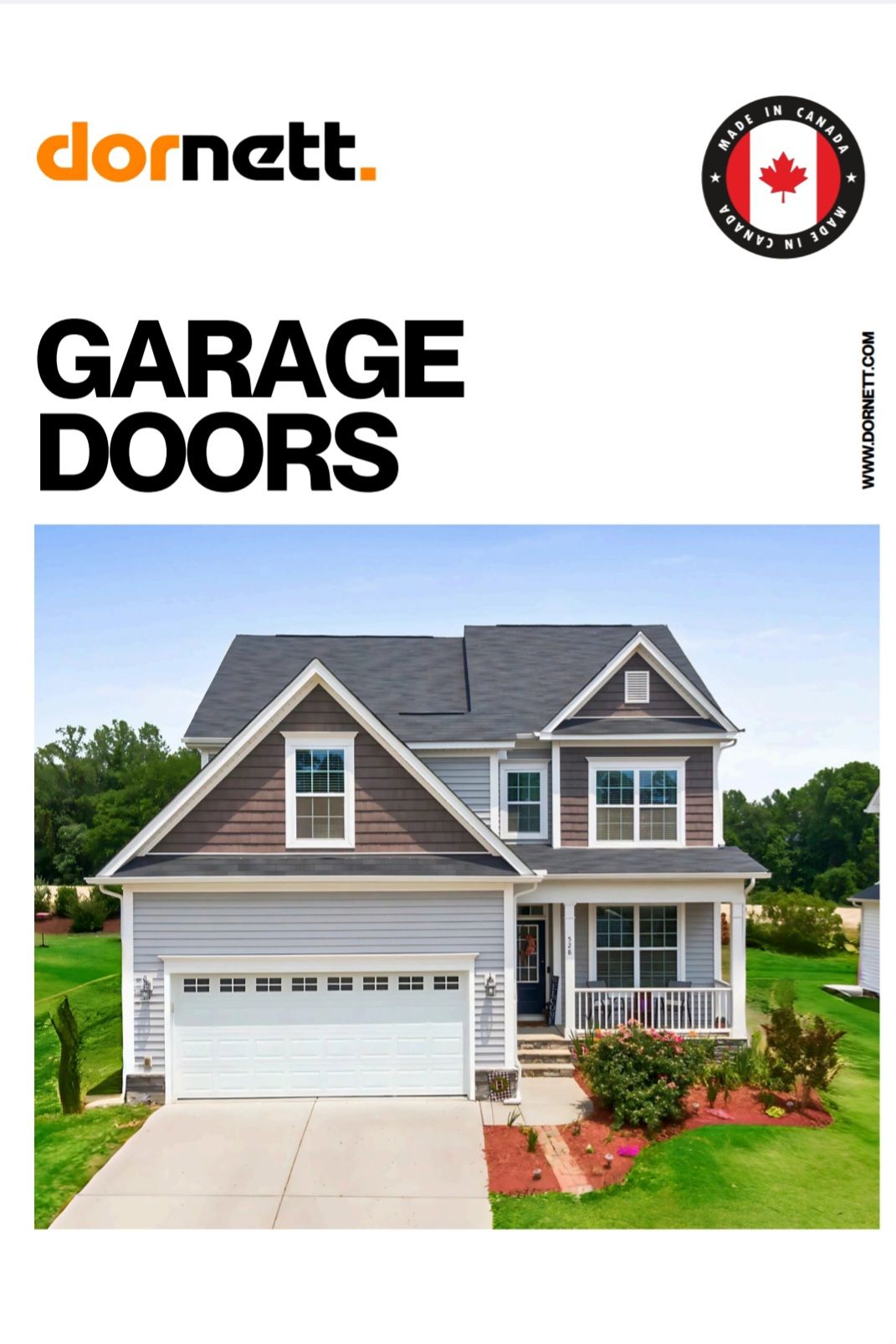 Garage doors brochure with house and Dornett logo. White garage door on gray and brown house.