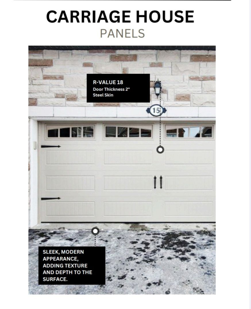 Cream-colored carriage house garage door with black hardware. Dark, rough texture of surface in front.