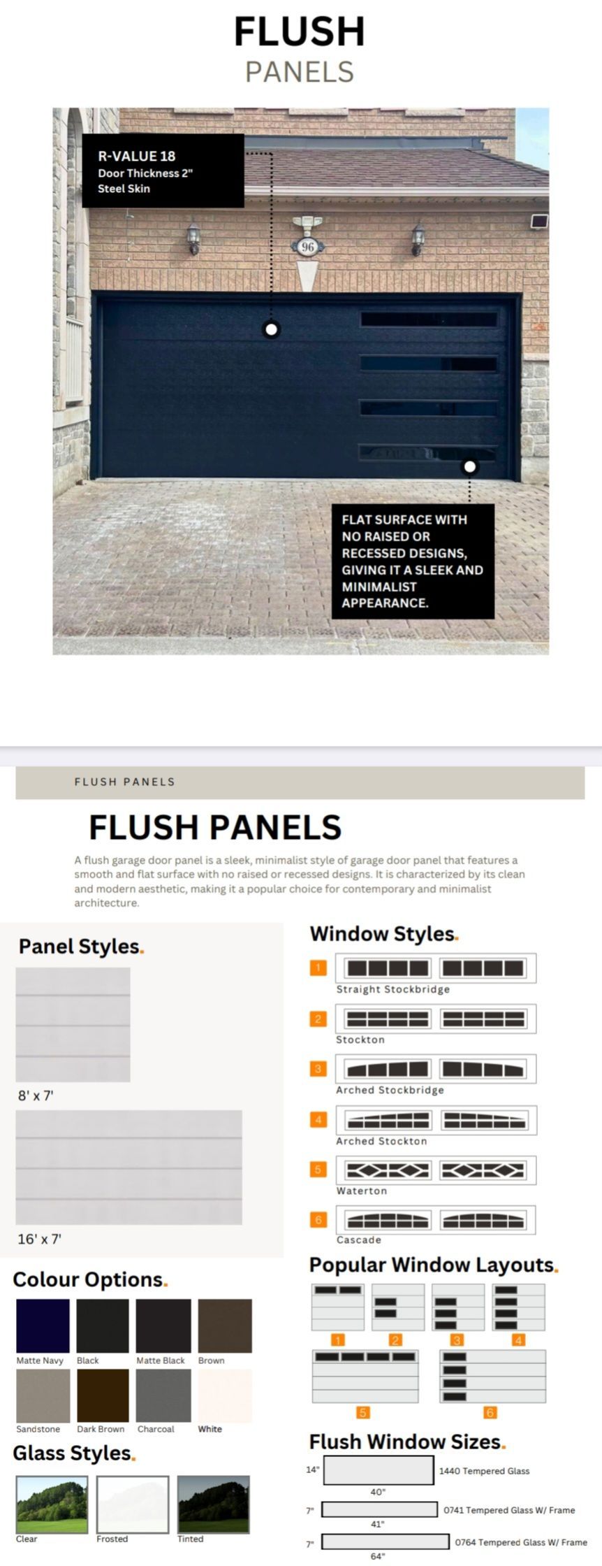 Brochure showing examples of flush panels, colors, and glass types for garage doors.