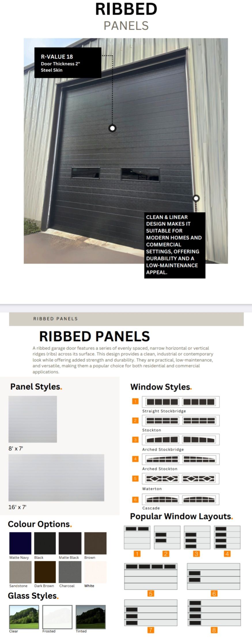 Ribbed garage door product brochure with color options and panel styles.