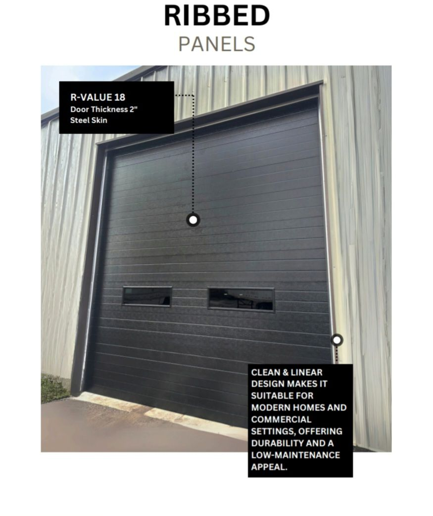 Black ribbed garage door with small windows, labeled with R-Value and design features.