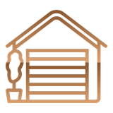 home Brown outline of a garage with a horizontal roll-up door, roof, and potted tree on a black background.