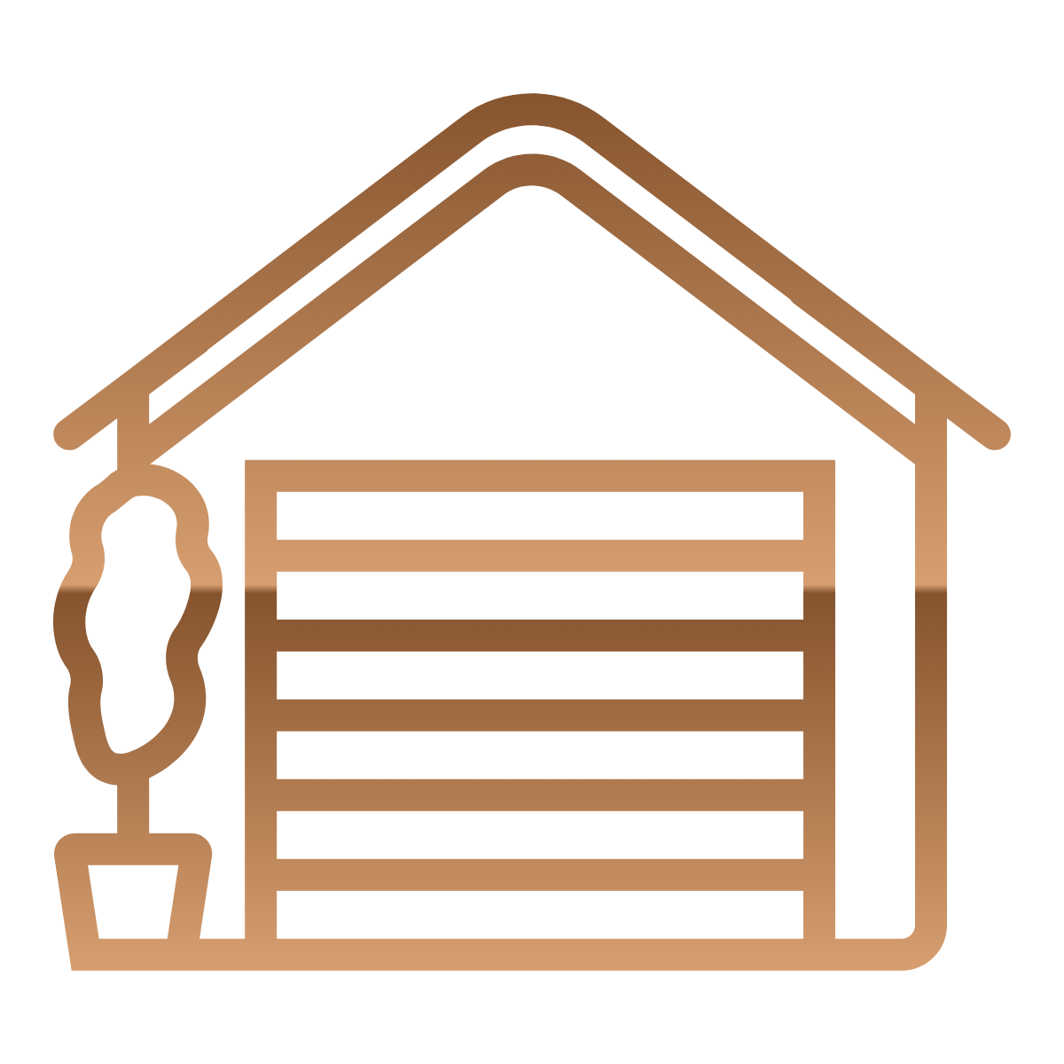 Brown outline of a garage with a horizontal roll-up door, roof, and potted tree on a black background.
