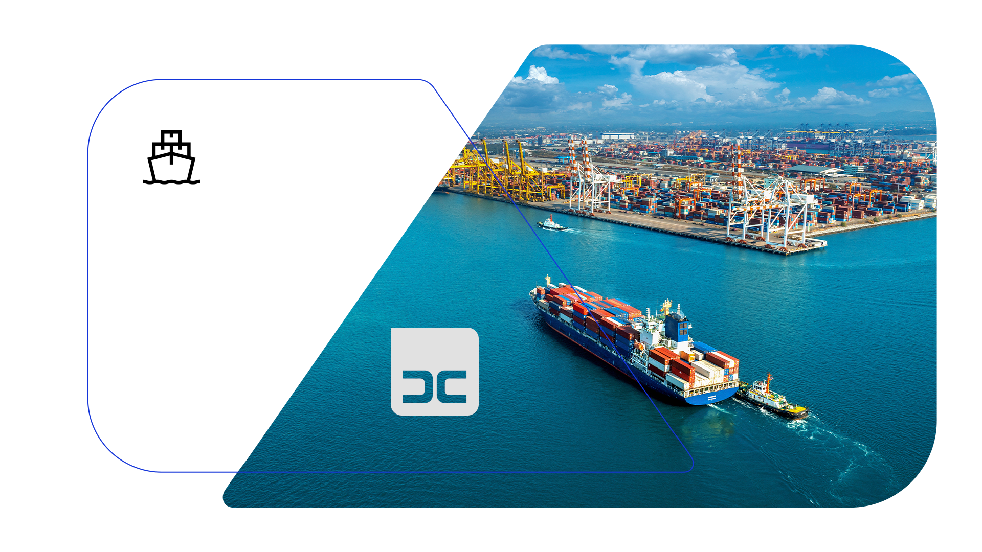 Um navio porta-contentores navegando em um porto com uma área de carga ao fundo, rodeado por água azul.