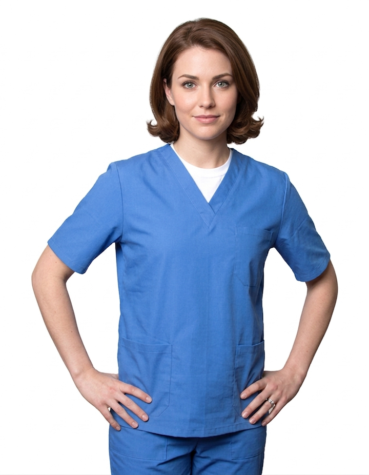 Una polo piegata, color avorio sporco, dalla texture particolare, con colletto interno blu e un quadrifoglio verde ricamato sul petto.