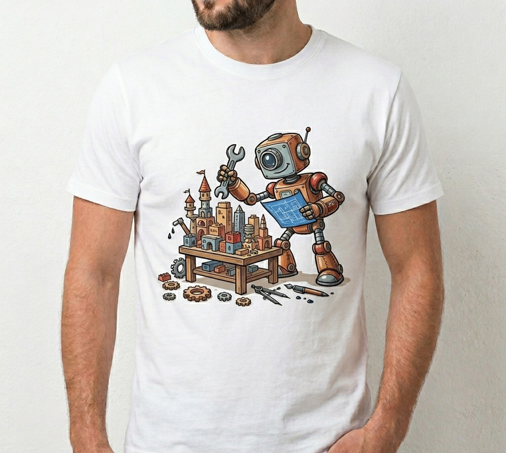 Un uomo indossa una maglietta bianca con l'immagine di un robot dei cartoni animati che tiene in mano una chiave inglese e un progetto mentre costruisce una città in miniatura.