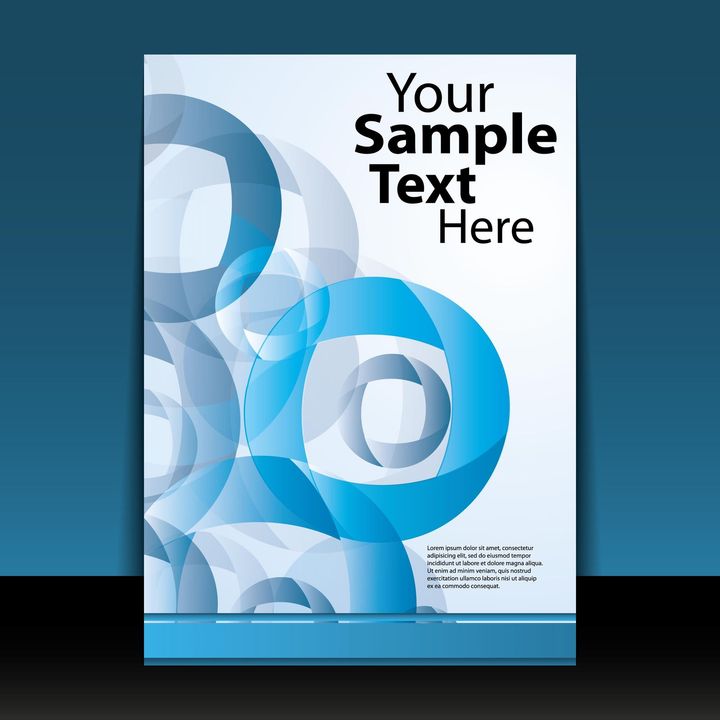 Un modello per un volantino con cerchi blu traslucidi sovrapposti su sfondo bianco, con segnaposto per il testo.