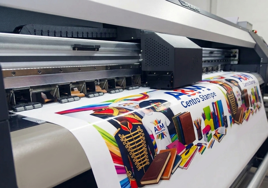 Una stampante di grande formato in grado di produrre immagini a colori ad alta risoluzione, riproducendo vari articoli di cancelleria e prodotti stampati.