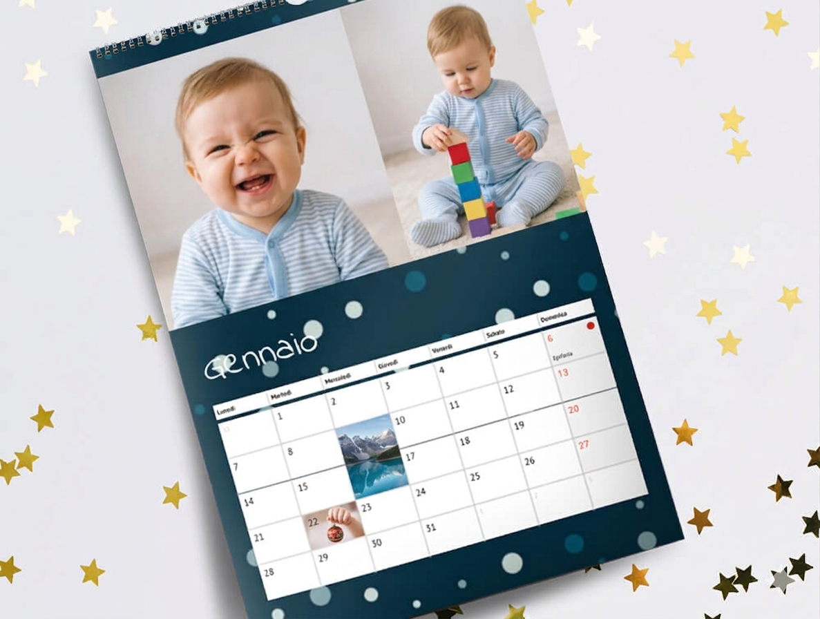 Un calendario fotografico personalizzato con due immagini di un bambino, una griglia mensile e uno sfondo blu scuro con dettagli a stella dorati.