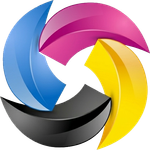 Un logo circolare tridimensionale composto da quattro segmenti curvi nei colori ciano, magenta, giallo e nero su sfondo bianco.