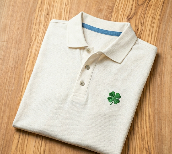 Una polo piegata, color avorio sporco, dalla texture particolare, con colletto interno blu e un quadrifoglio verde ricamato sul petto.