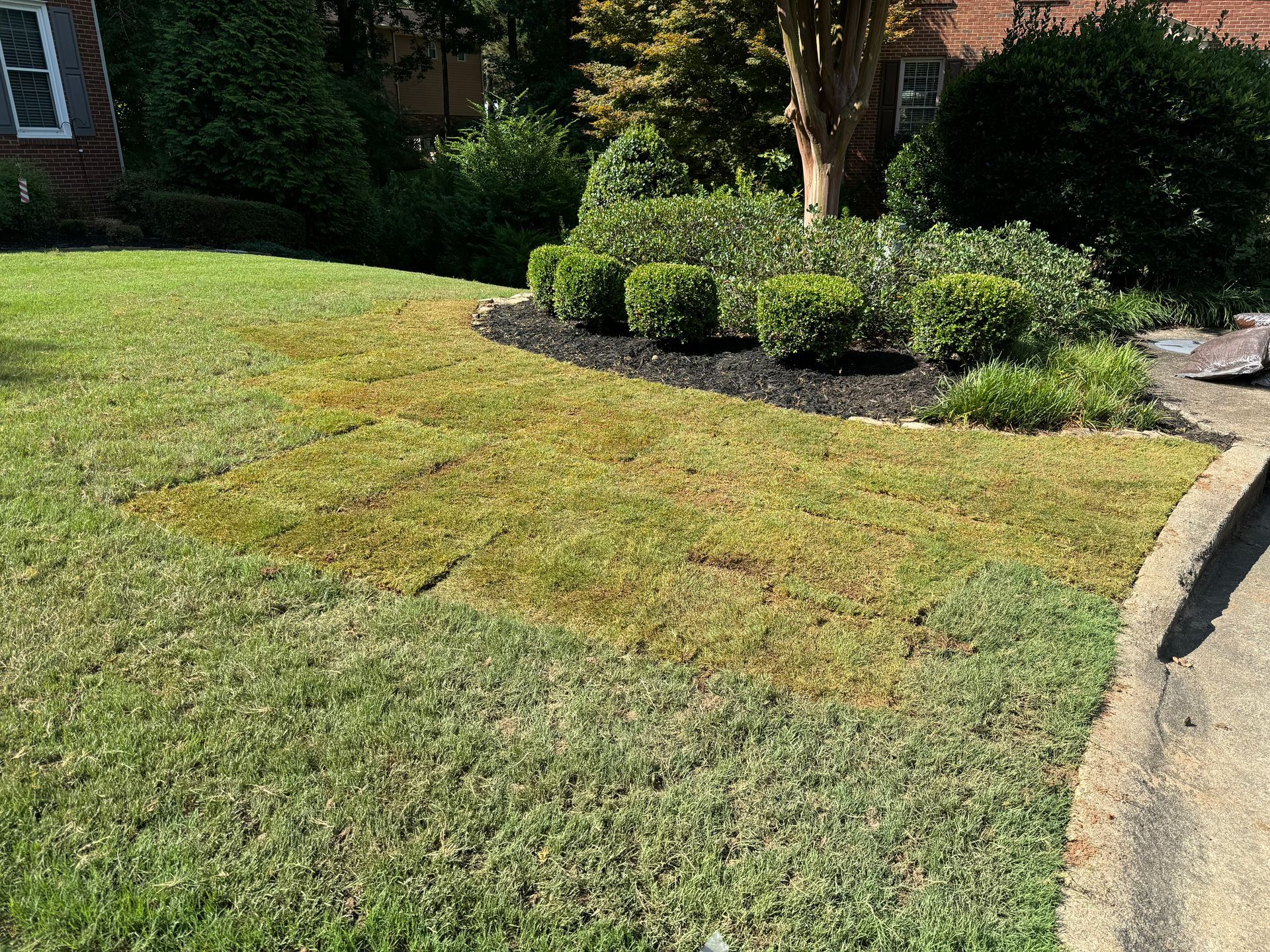 A lush green lawn with a brick house in the background.