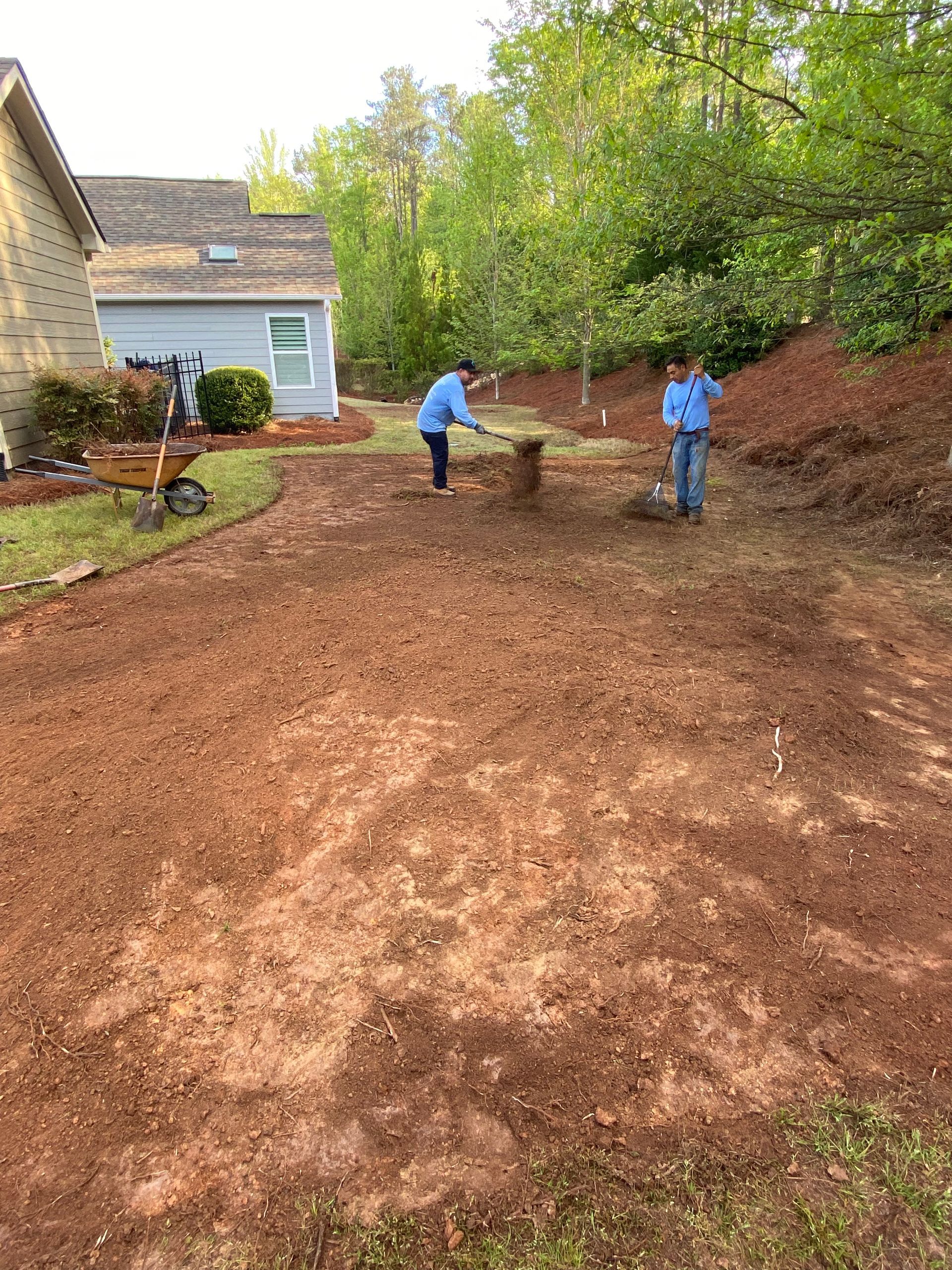 A couple of people are working in a yard.