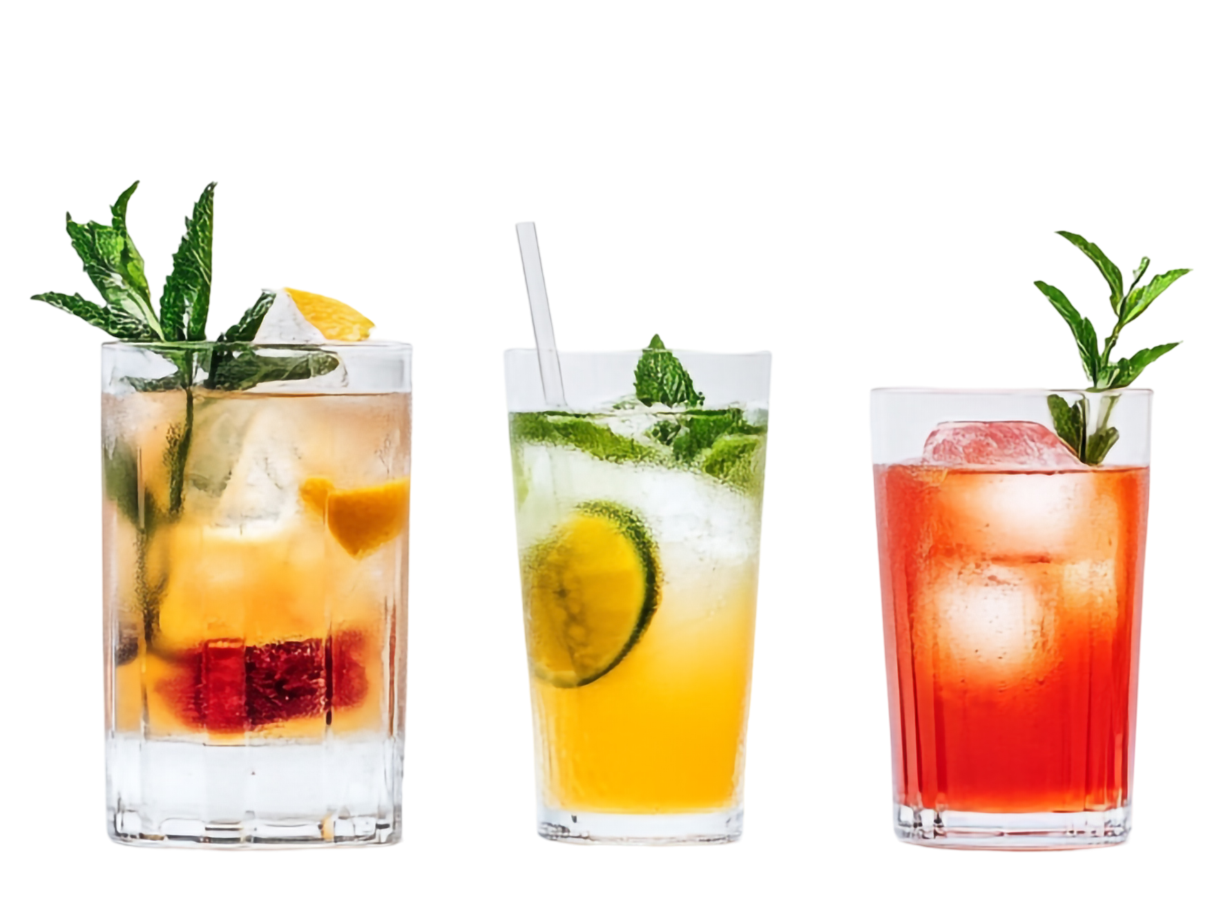 Three different types of drinks with ice and straws on a white background.