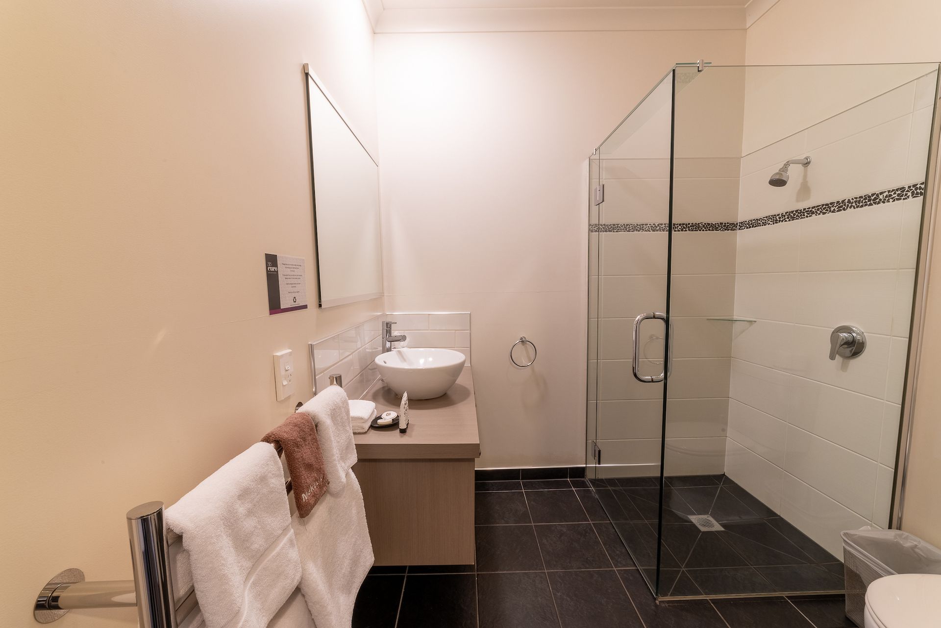 A bathroom with a sink , toilet and walk in shower.