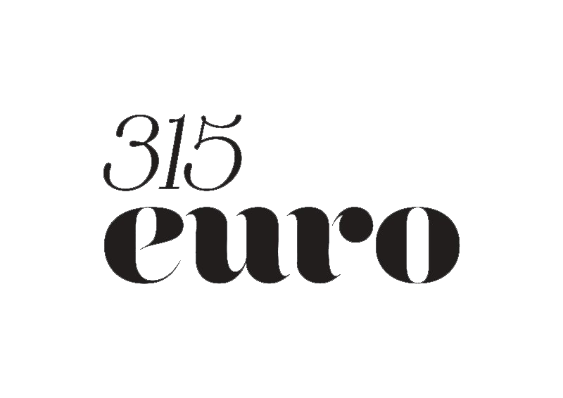 A black and white logo for 315 euro on a white background.