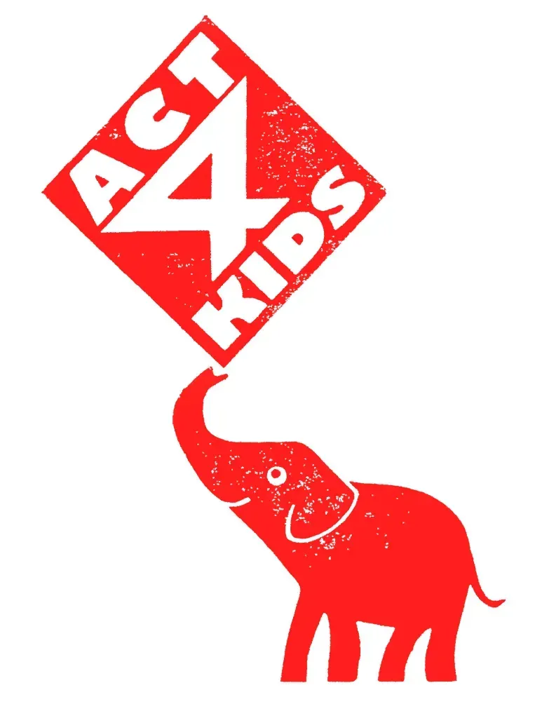 Een rode olifant houdt een bord vast met de tekst 'act 4 kids'
