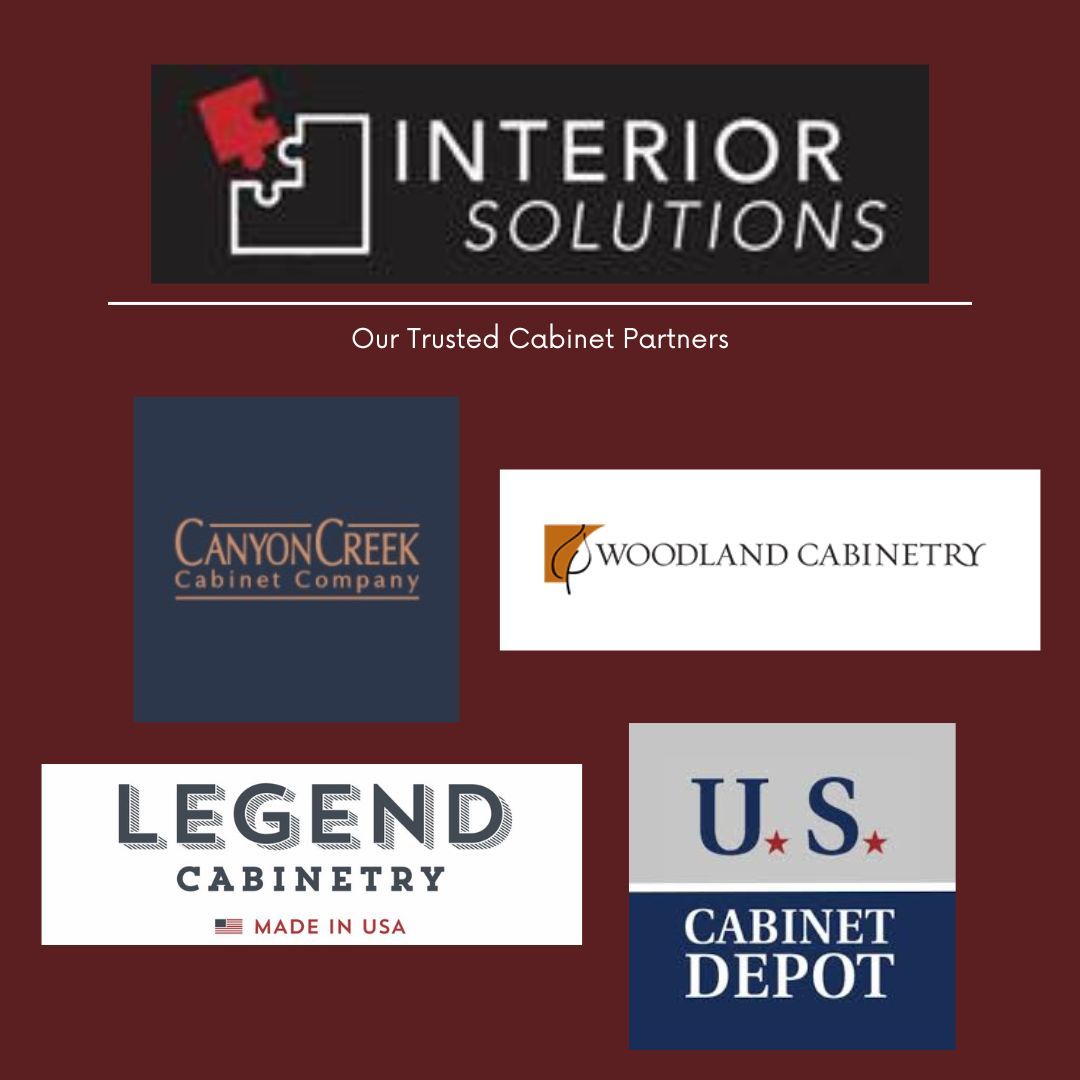 Interior Solutions logo above a list of its cabinet partners: Canyon Creek, Woodland, Legend, and U.S. Cabinet Depot.