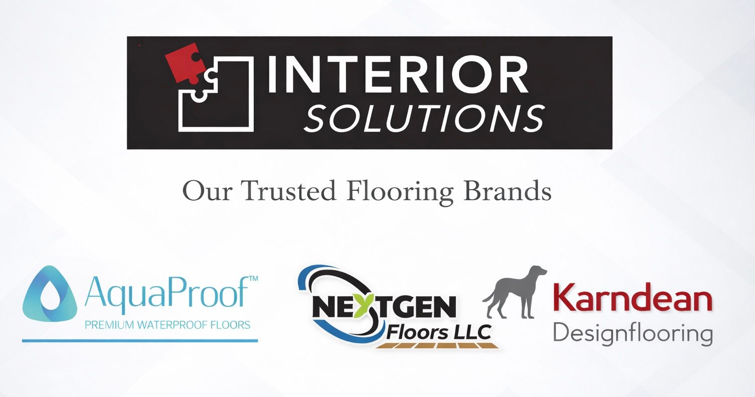 Interior Solutions logo with a list of trusted flooring brands: AquaProof, Nextgen Floors LLC, and Karndean Designflooring.