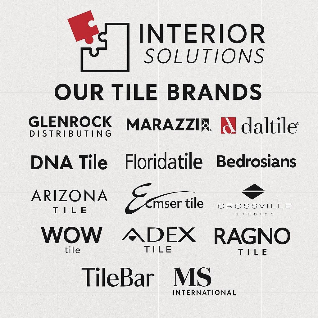 A list of tile brand logos for Interior Solutions, including names like Marazzi, Daltile, Bedrosians, and TileBar.